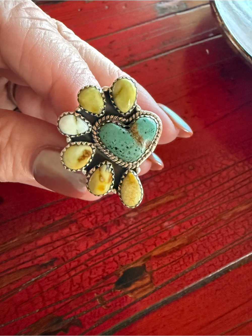 925 Sterling Silver Kingman & Palomino Turquoise Cluster Adjustable Ring